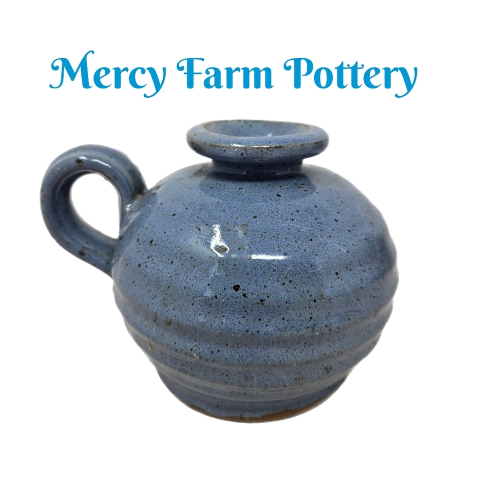 Mercy Farm Pottery Handle Bud Vase Blue With Specks Of Black Glazed Ribbed